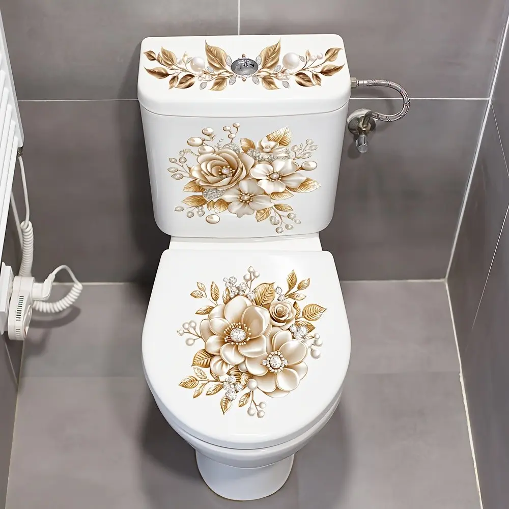 Luxurious Bathroom Toilet Sticker, Floral PVC Self-Adhesive Decorative Sticker, Semi-Matte Effect, Removable Fantasy Design, Bathroom Decoration Accessories, Bathroom House Decor