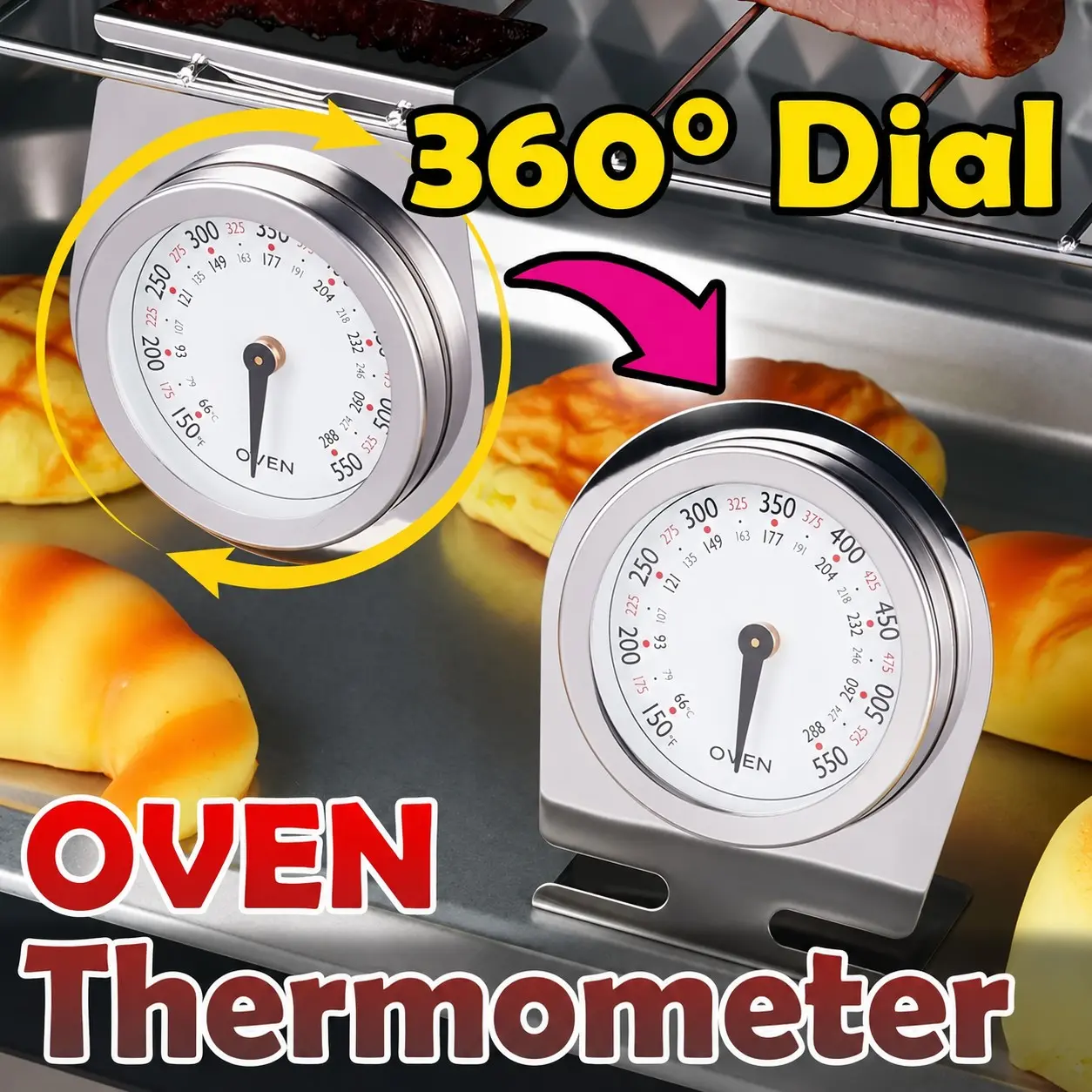 Kt Oven Thermometer, Stainless Steel Dual Scale Fahrenheit & Celsius, Battery-Free, with Stand, Accurate for BBQ, Baking, Kitchen Tool