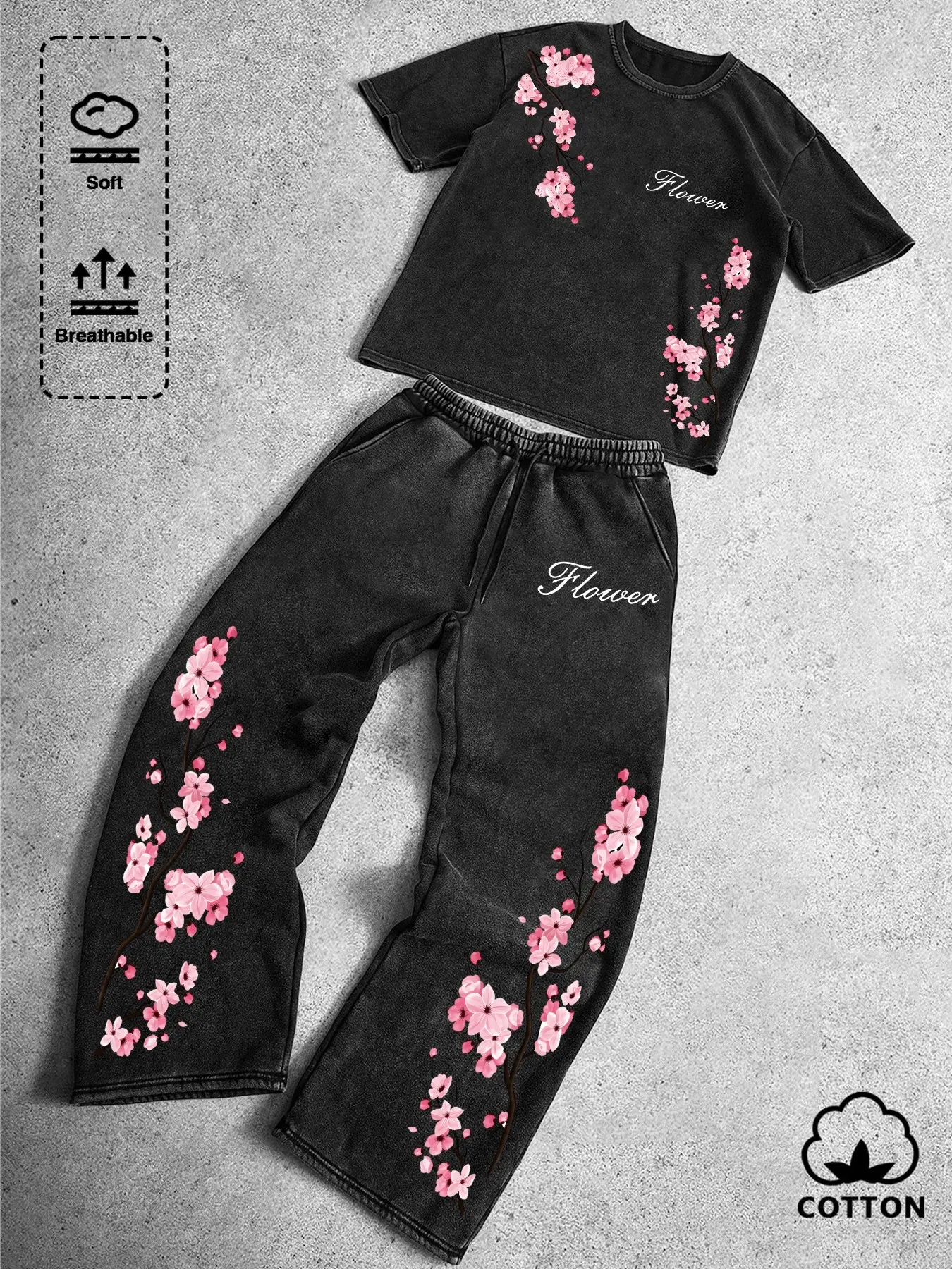Aesthetic Floral Sakura Flower Graphic Matching Set | Comfy Soft Cotton Short Sleeve Top & Baggy Joggers Set | Viral Streetwear Lounge Set for Aesthetic Y2K Everyday Casual Wear