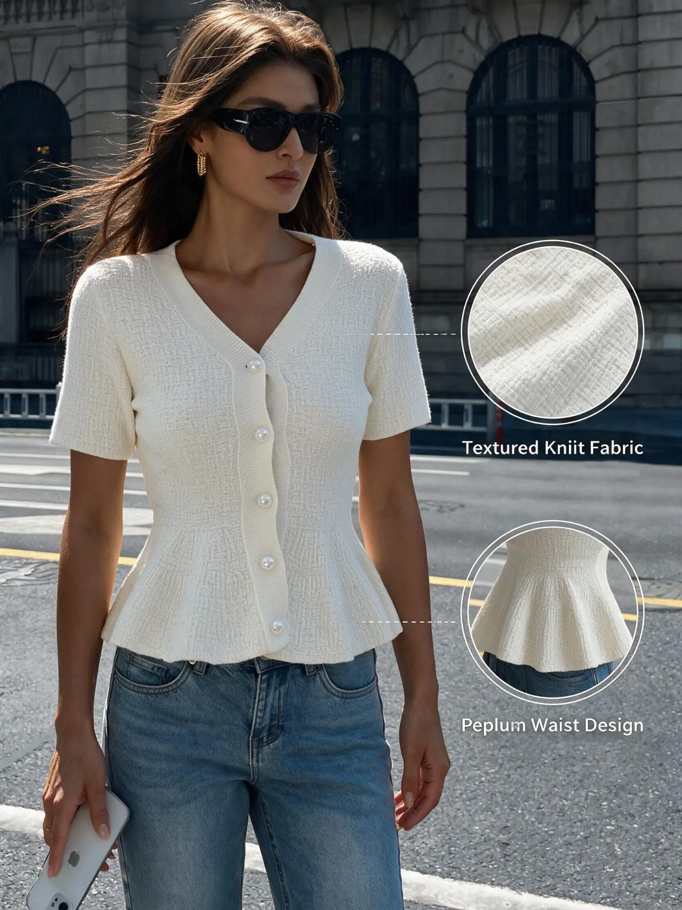 Women's V Neck Pearl Button Short Sleeve Knit Cardigan, Fall Winter Fashion, Textured Fabric, Ruffled Waist, Stretch Fit, Soft Outerwear