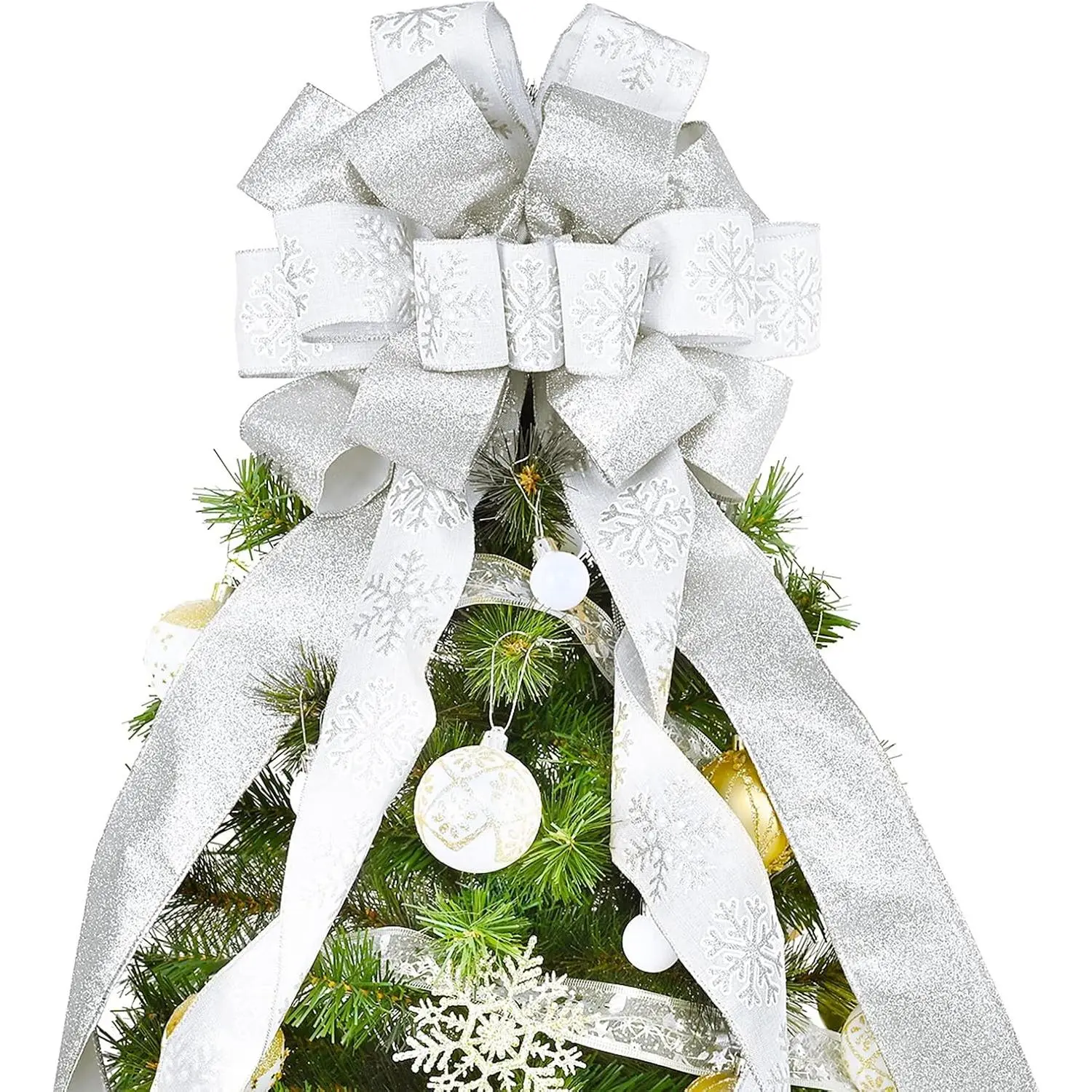 40x13 Inches Christmas Tree Topper Bow with Glitter Satin Mesh Streamer and Patterned Ribbon for Christmas Home Decoration (White)
