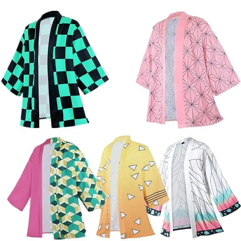 Anime Character Kamade Zezeko Pink Women's Kimono Cardigan Summer Kamado Tanjirou Green Black Checkered Men Japanese Haori Coat