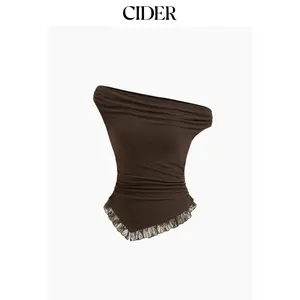 Cider Asymmetrical Neck Lace Trim Ruched Top SummerWins Dealsforyou