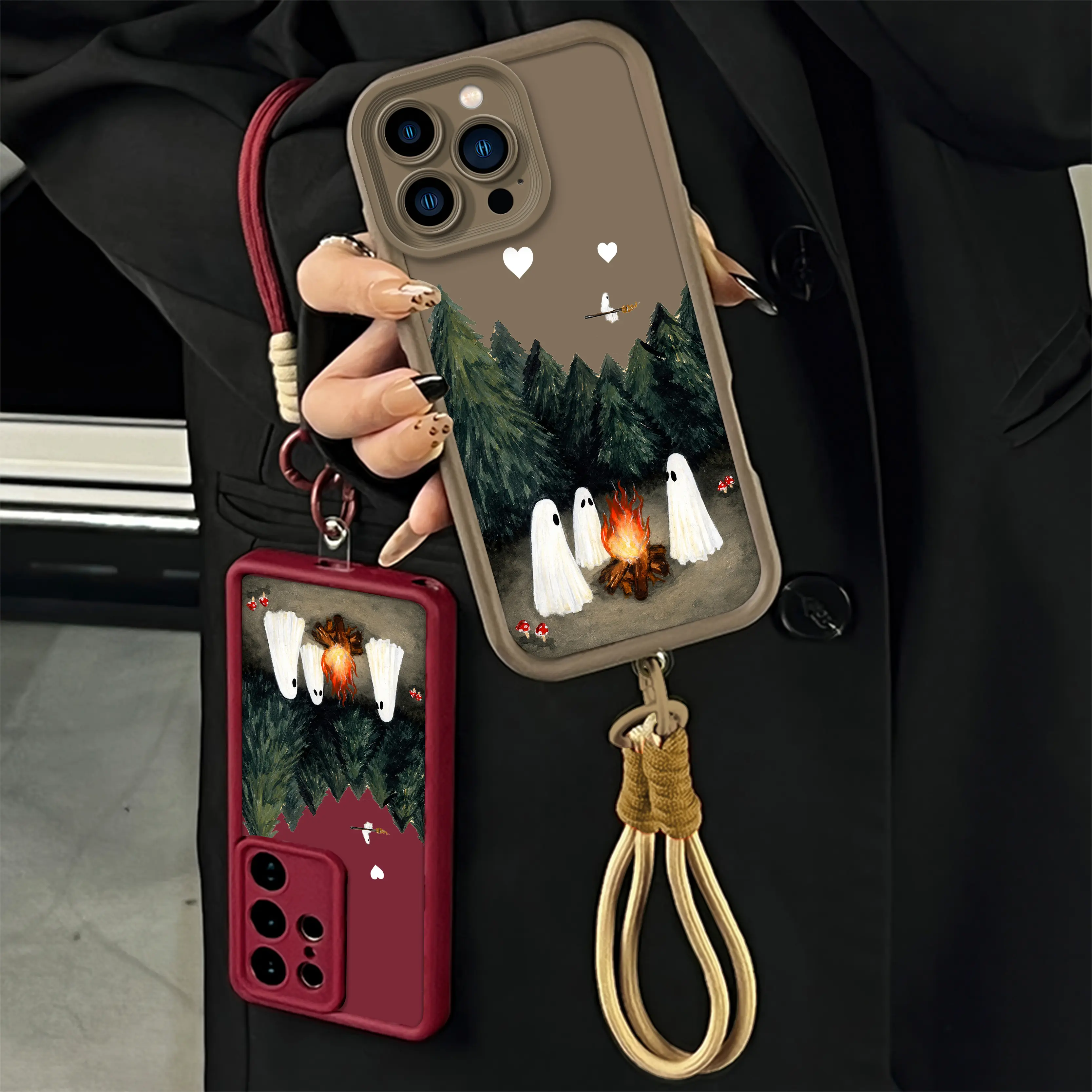 Cute Ghost Campfire Forest Halloween Autumn Phone Case for iPhone 17 Pro Max Air E 16 Plus 15 14 13 12 11 Samsung Galaxy S26 S25 S24 S23 S22 S21 A52 A36 A35 A34 A33 A17 A16 A15 A14 A13 with Lanyard Strap Glossy Soft Protective Cover NN202