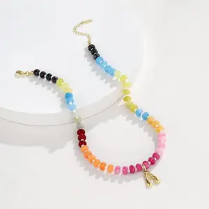Women's Handmade Natural Stone Beaded Choker Necklace - 14K Plated Bubble Initial Letter Pendant Colorful Gemstone Costume Jewelry