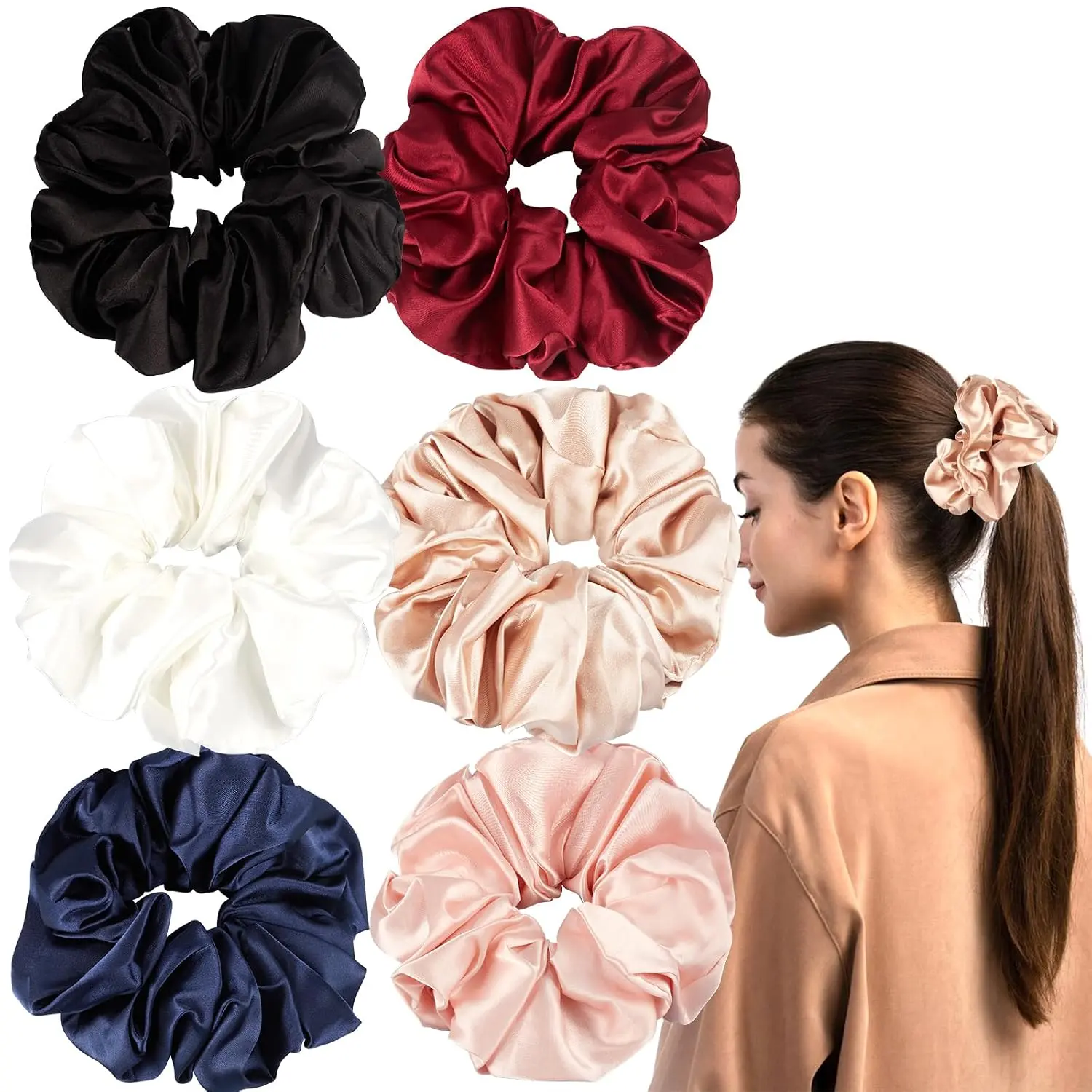 Large Silk Scrunchies for Women - 6 count Satin Hair Ties , No  Hair Bands Gentle for Thick/Long Hair, Soft & Comfortable for Sleeping, Gym, Travel (Red/Black/Brown)