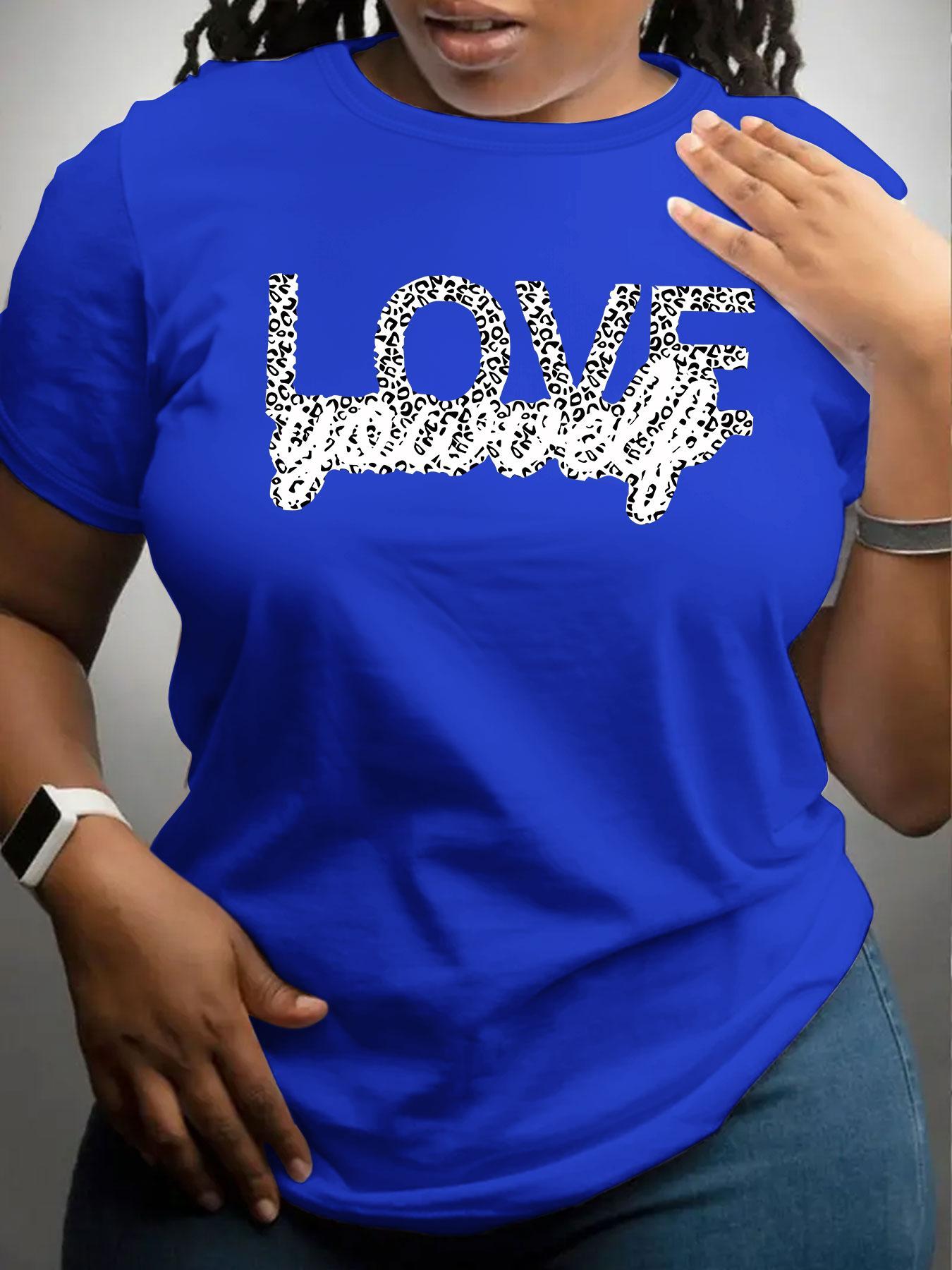 [Plus Size] Leopard Letter Print Round Neck Tee, Fashion Casual Crew Neck Short Sleeve T-shirt Fitted for Daily Outdoor Wear, Women Plus Clothing for All Seasons