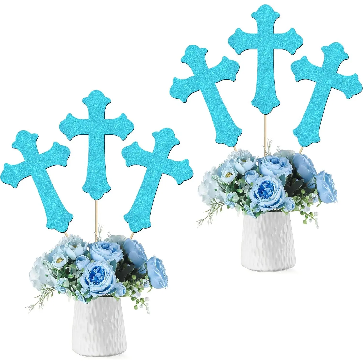 12-Count Christian Glitter Finish Centerpiece Sticks, Blue Religious Event Table Toppers, Party Supplies for Baptism, First Communion, Easter Celebrations, Table Topper