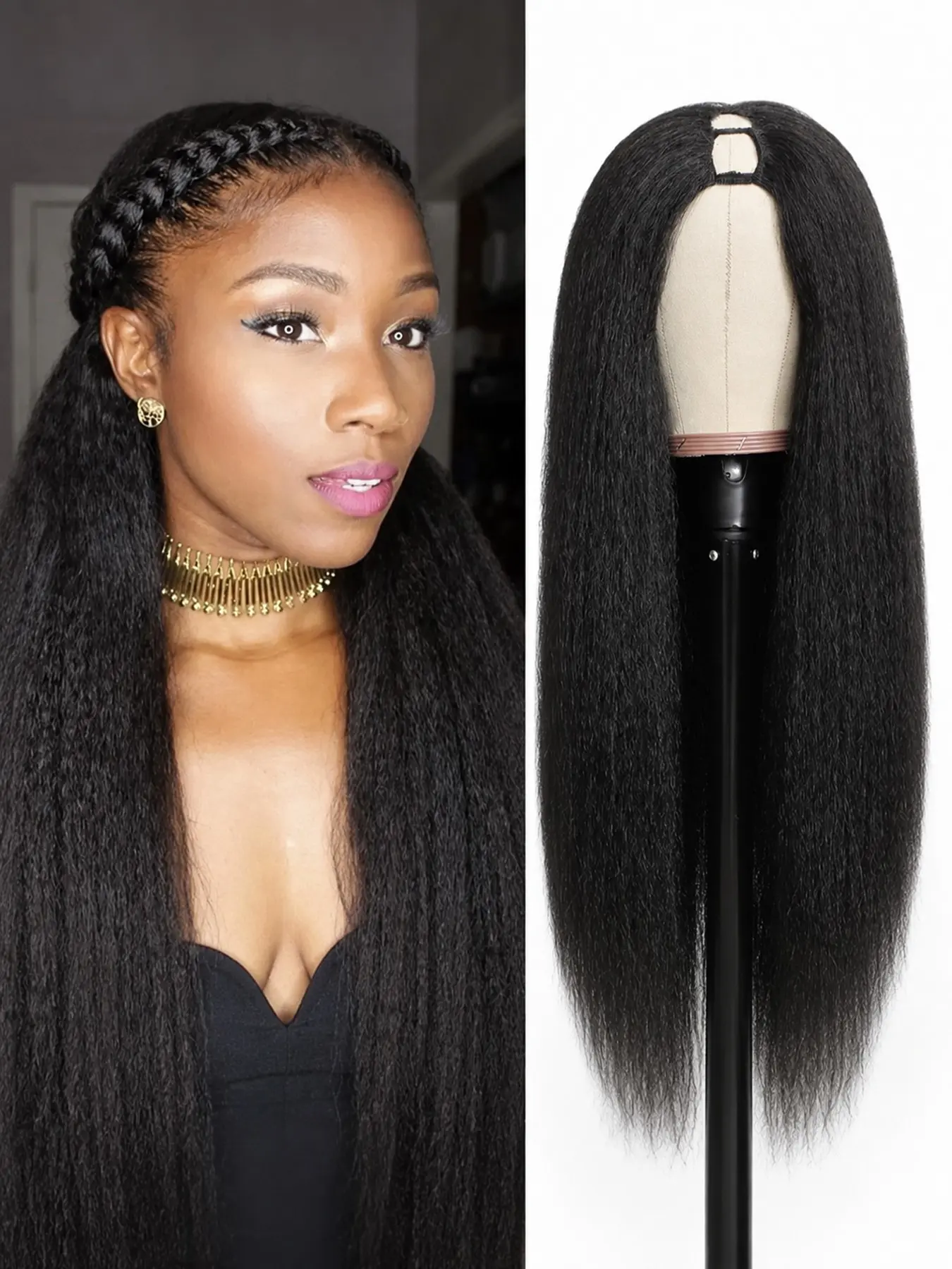 U Part Kinky Straight Synthetic Extension Hair Wig Upgrade Glueless U Part Premium Synthetic Hair Wig for Women Wear Daily Party Cosplay Halloween And Christma No Leave Out No Sew Natural Black Color 14/24 Inch