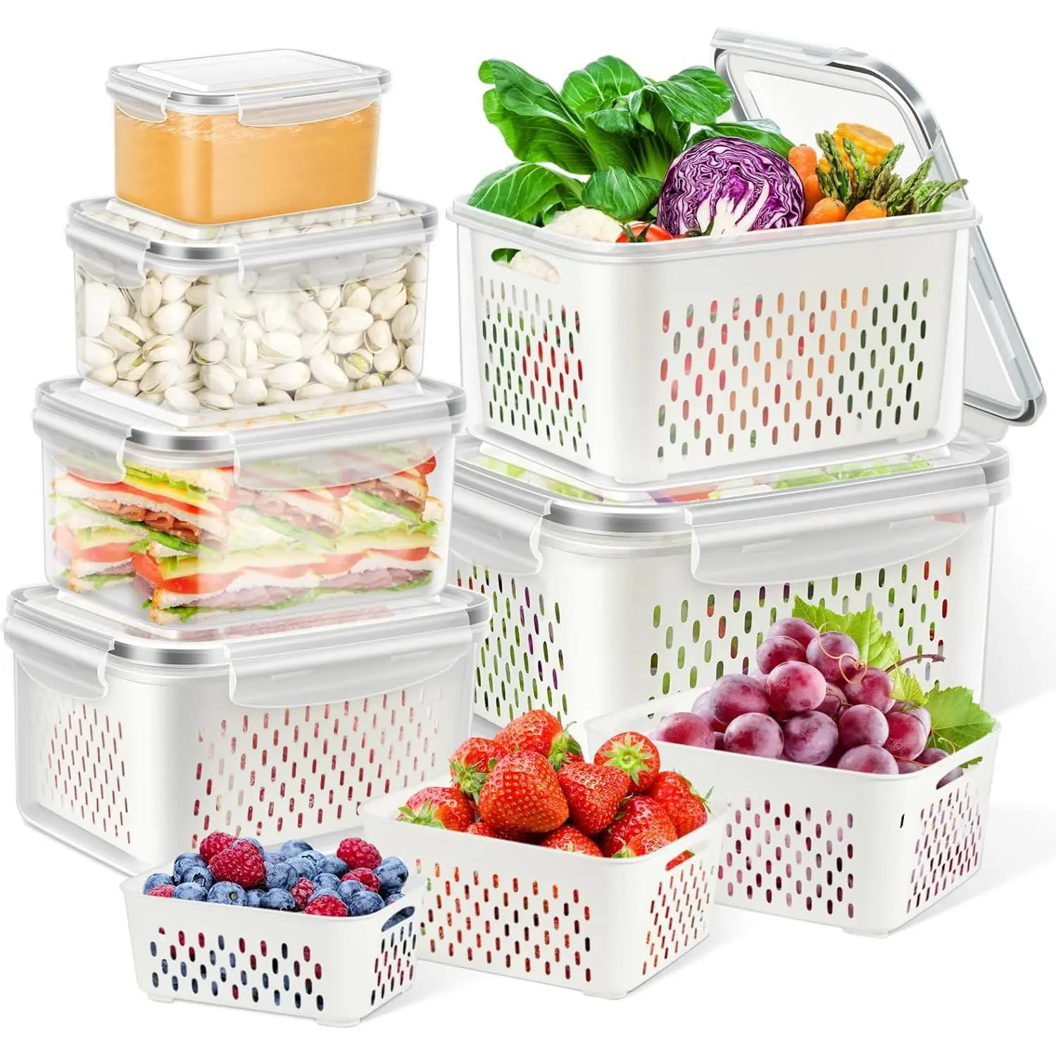4/6 PCS Large Fruit Containers for Fridge - Leakproof Food Storage Containers with Removable Colander - Dishwasher & microwave safe Produce Containers Keep Fruits, Vegetables, Berry, Meat Fresh longer