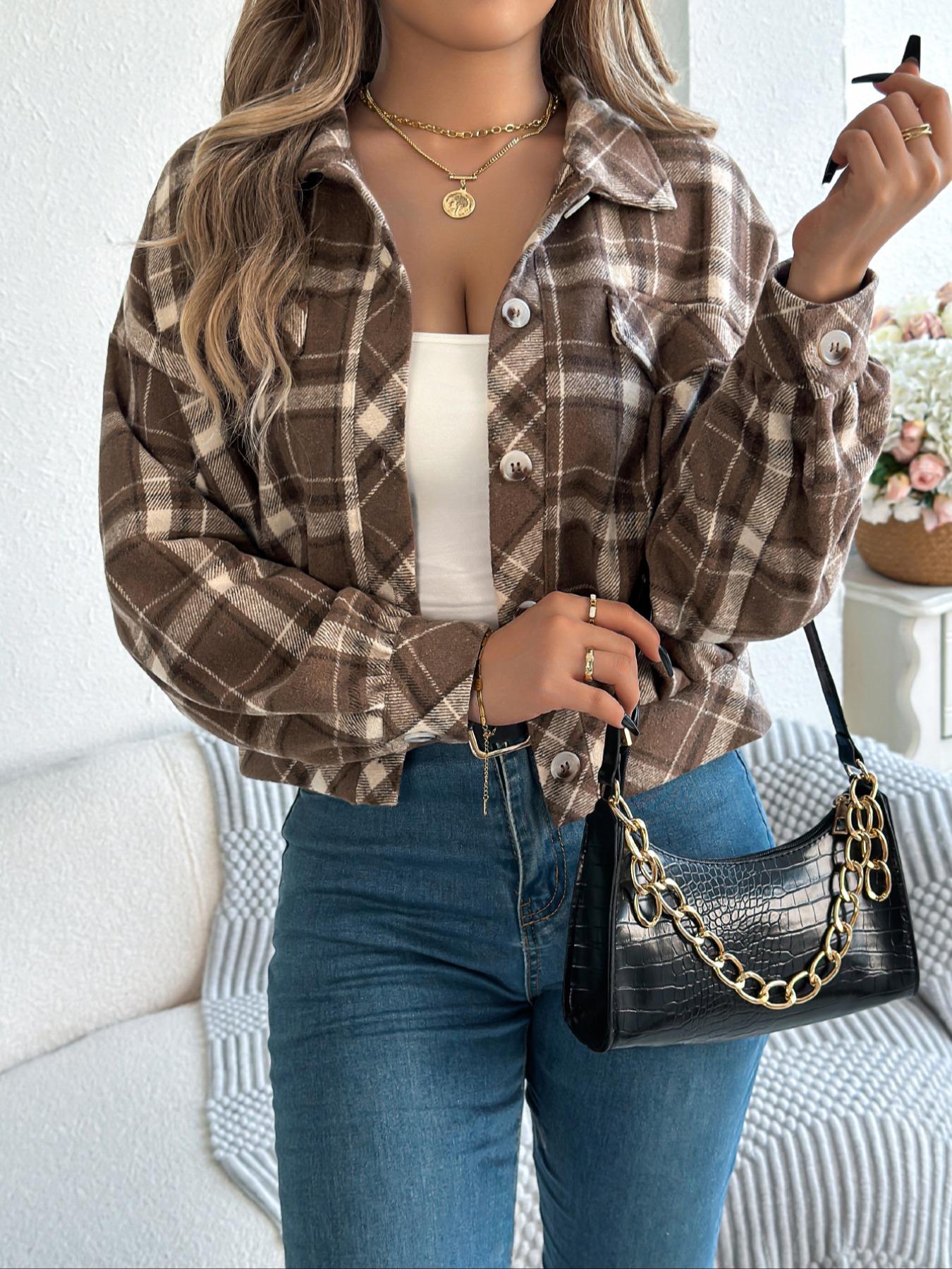 Women's Chic Plaid Print Button Front Drop Shoulder Jacket, Casual Long Sleeve Collared Outerwear for Fall & Winter, Ladies Clothes for Daily Wear