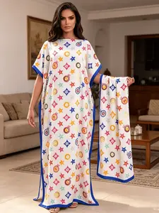 2026 New Women's 2 Piece White Multicolor Star Monogram Print Kaftan with Matching Scarf, Silky Satin Loose Maxi Dress, Plus Size, Beach Cover Up & Resort Evening Wear