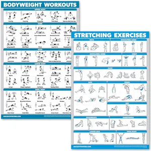 Bodyweight Workouts and Stretching Exercise Poster Set – Laminated 2 Chart Set – Body Weight Exercise Routine & Stretching Workouts (18" x 24")