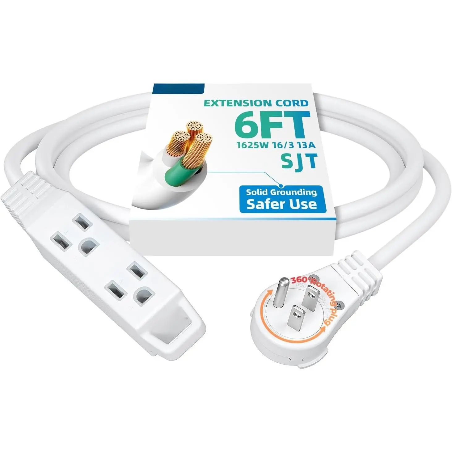 360° Rotating Flat Plug Extension Cord, 6FT 16/3C, ETL Listed | 3 Prong Grounded Flat Power  for Indoor Narrow Space, 13A/125V/1625W SJT-3, White