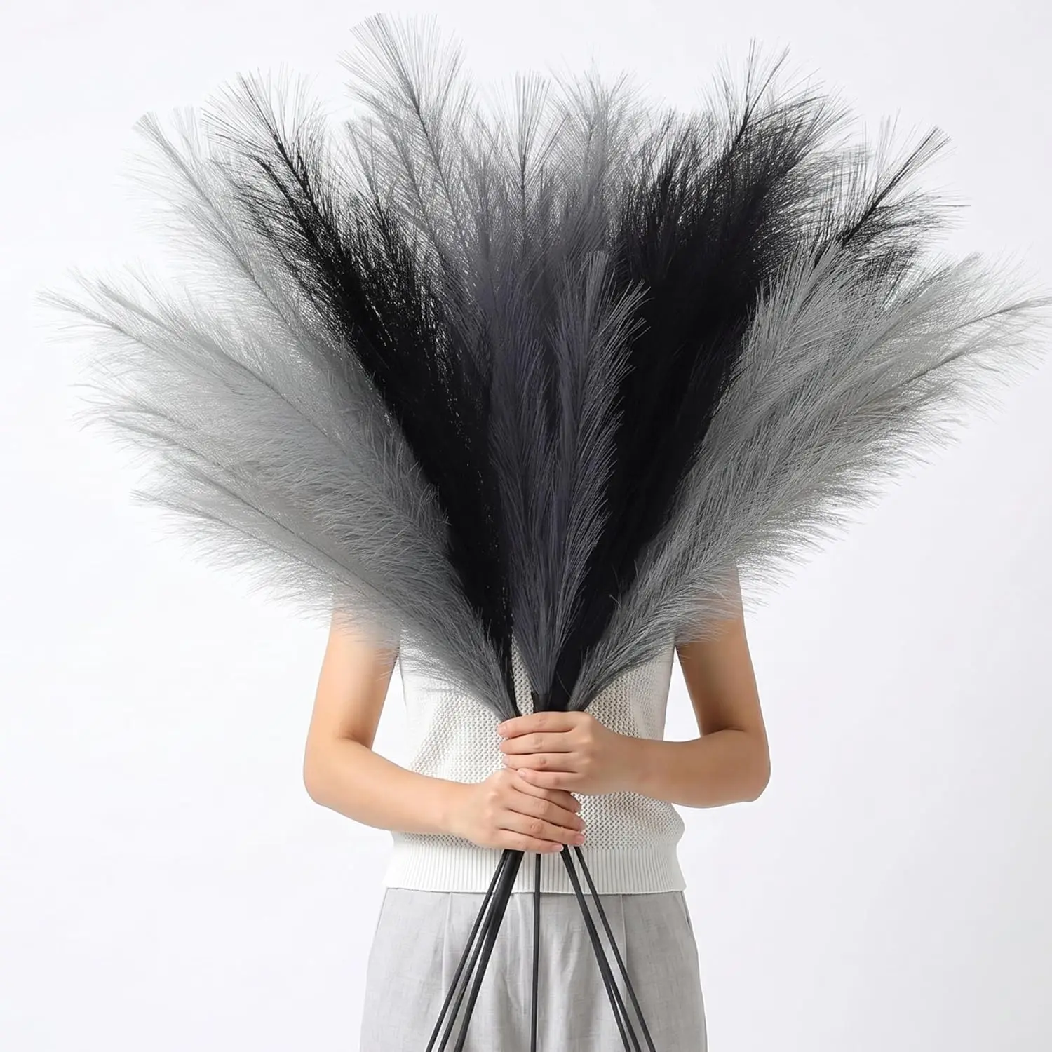 9-Count 43" Height Faux Silk Pampas Grass Branches, Tall Black Gray Feather Plumes Plume Stems for Floor Vase, Boho Enthusiasts’ Room Decor & Wedding Centerpiece