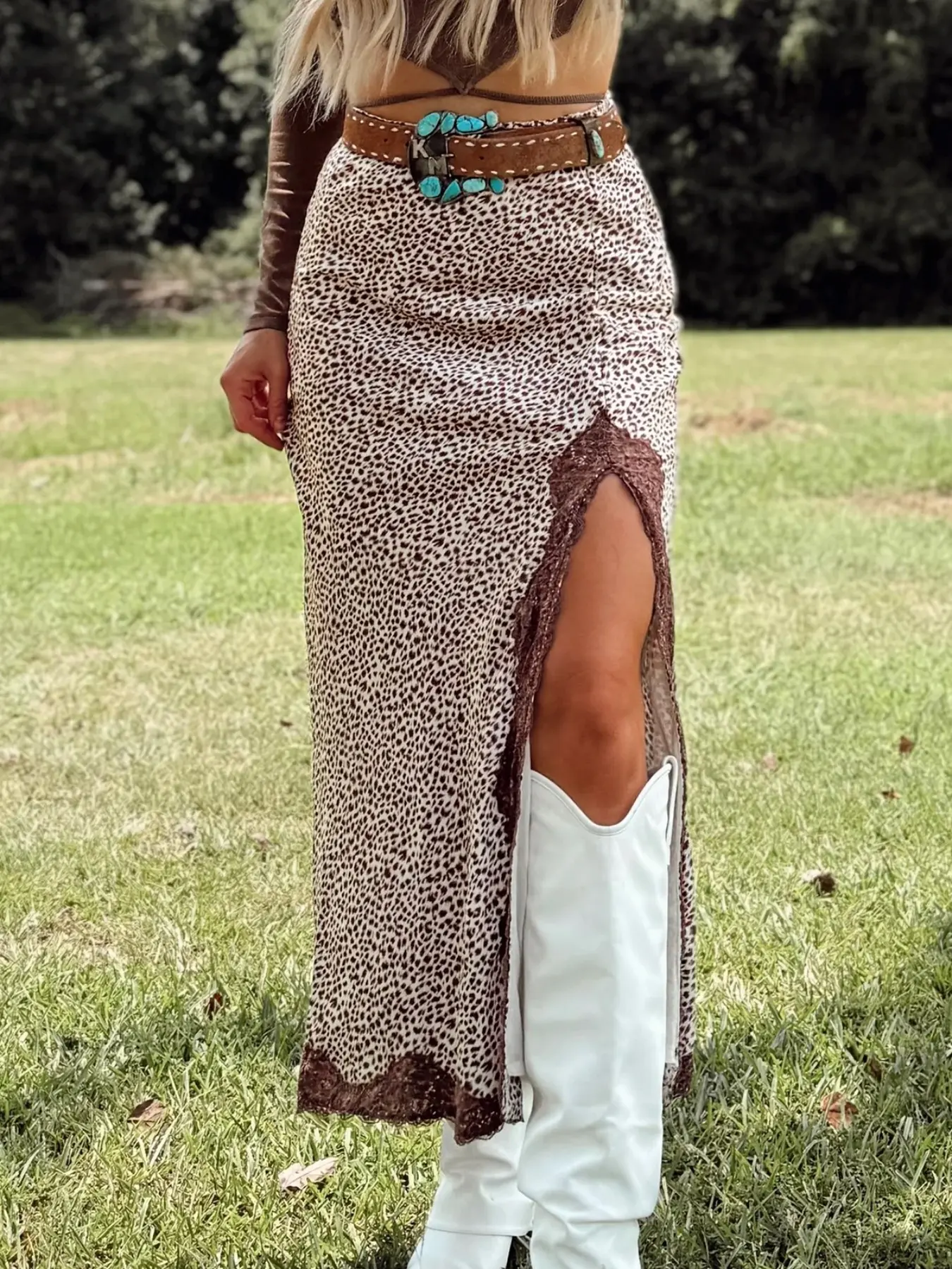 Four-Season Fashion Leopard Print Trimmed Split Western Long Dress, Stylish and Trendy Design, Perfect for Any Occasion