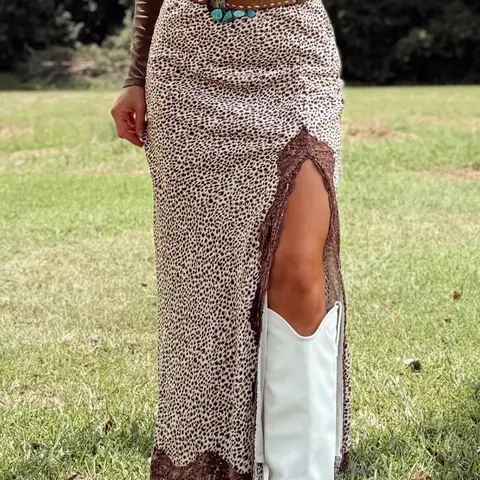 Four-Season Fashion Chic High Waist Lace Side Slit Midi Skirt, Vintage Western Style, Leopard Pattern, Casual All Seasons Wear