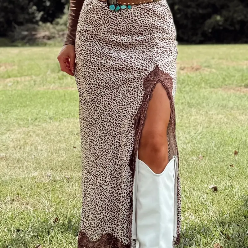 Four-Season Fashion Chic High Waist Lace Side Slit Midi Skirt, Vintage Western Style, Leopard Pattern, Casual All Seasons Wear