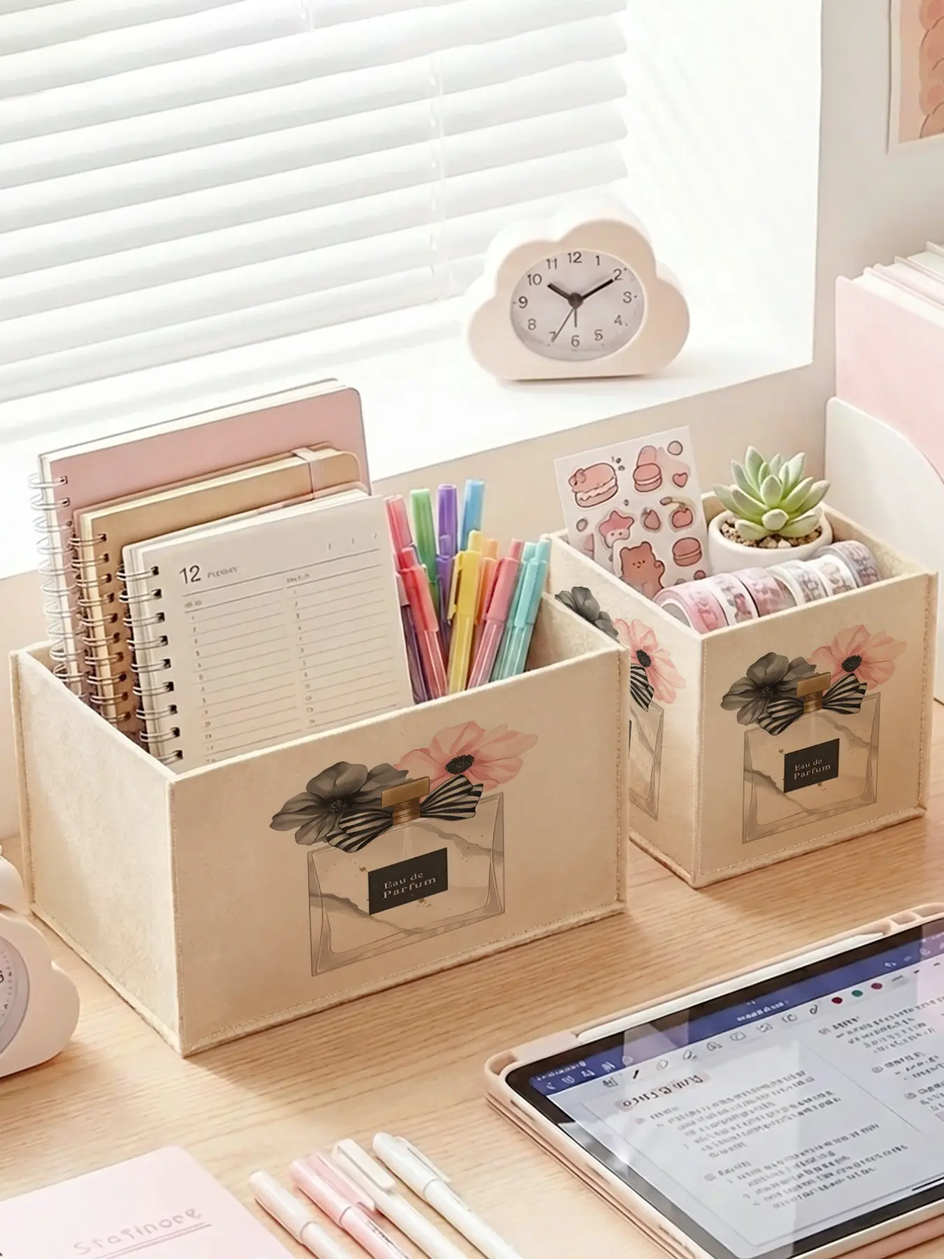 Open Storage Box with Floral Pattern, 2D Printed Desktop Organizer, Custom Design for Office Supplies & Cosmetics, Keep Your Desk Organized