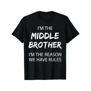 Men'S Funny "I'm The Middle Brother I'm The Reason We Have Rules" Sibling Humor T-Shirt - 180gsm Heavyweight Pure Retro Graphic Tee, Black with White Print, All-Season Casual Round Neck Short Sleeve Shirt for Brothers & Family Gifts