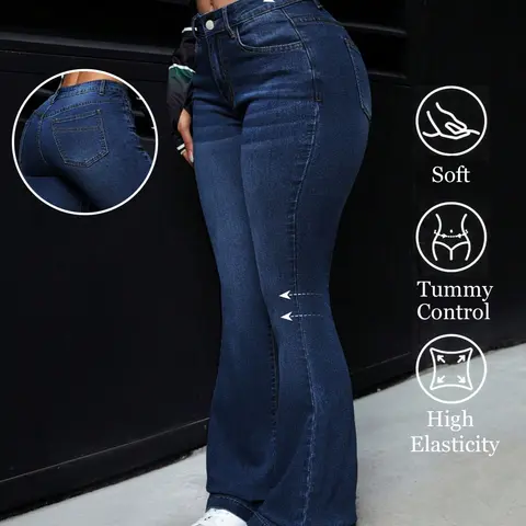 Women's High Waist Flare-Leg Jeans, Denim Jeans, Dark Wash, Vintage Style, Casual Fit Pants for Commuting & Daily Wear, All-Season Wear