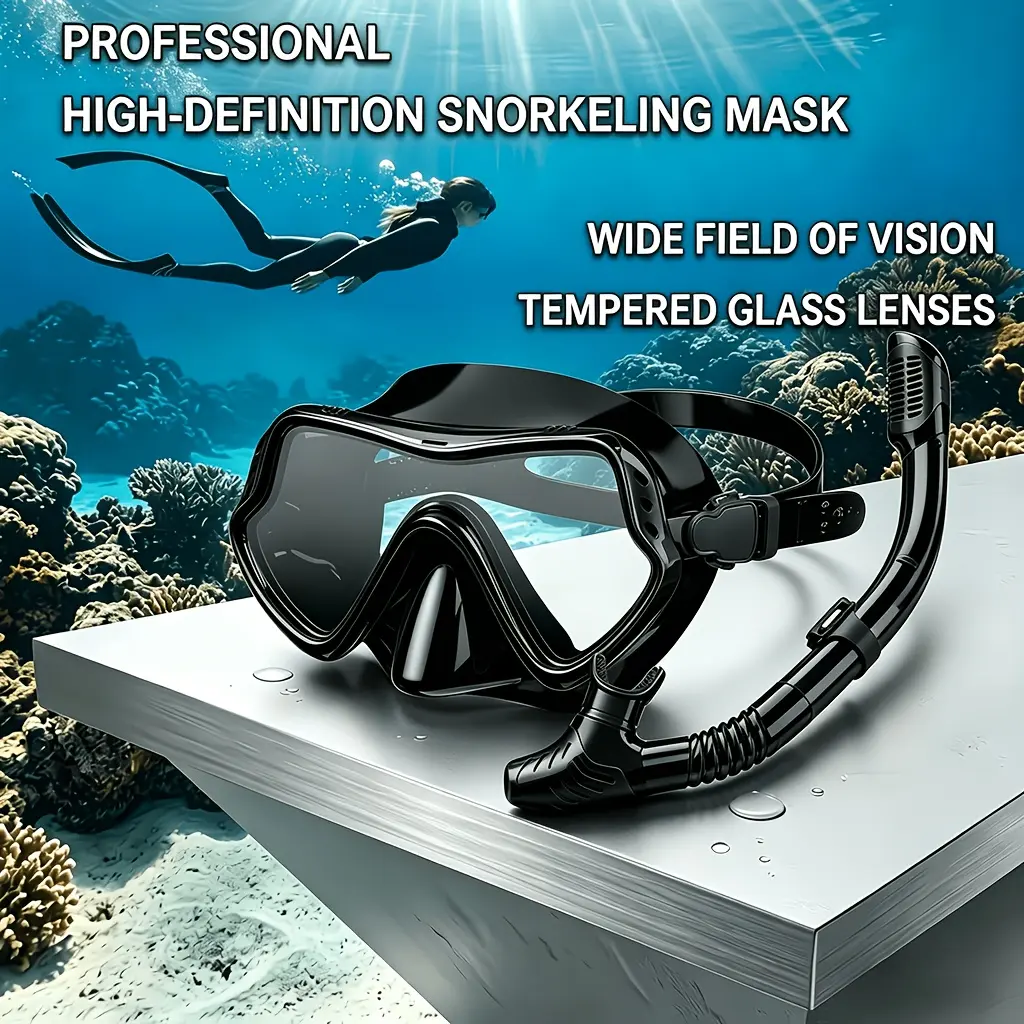 1 Professional Dry Snorkel Set with HD Tempered Glass Mask & Soft Silicone Snorkel - Anti-Fog Waterproof Anti-Leak System, Panoramic Wide View Suitable for Adults, Complete Gear for Scuba, Snorkeling, Freediving, Scuba Mask and Snorkel