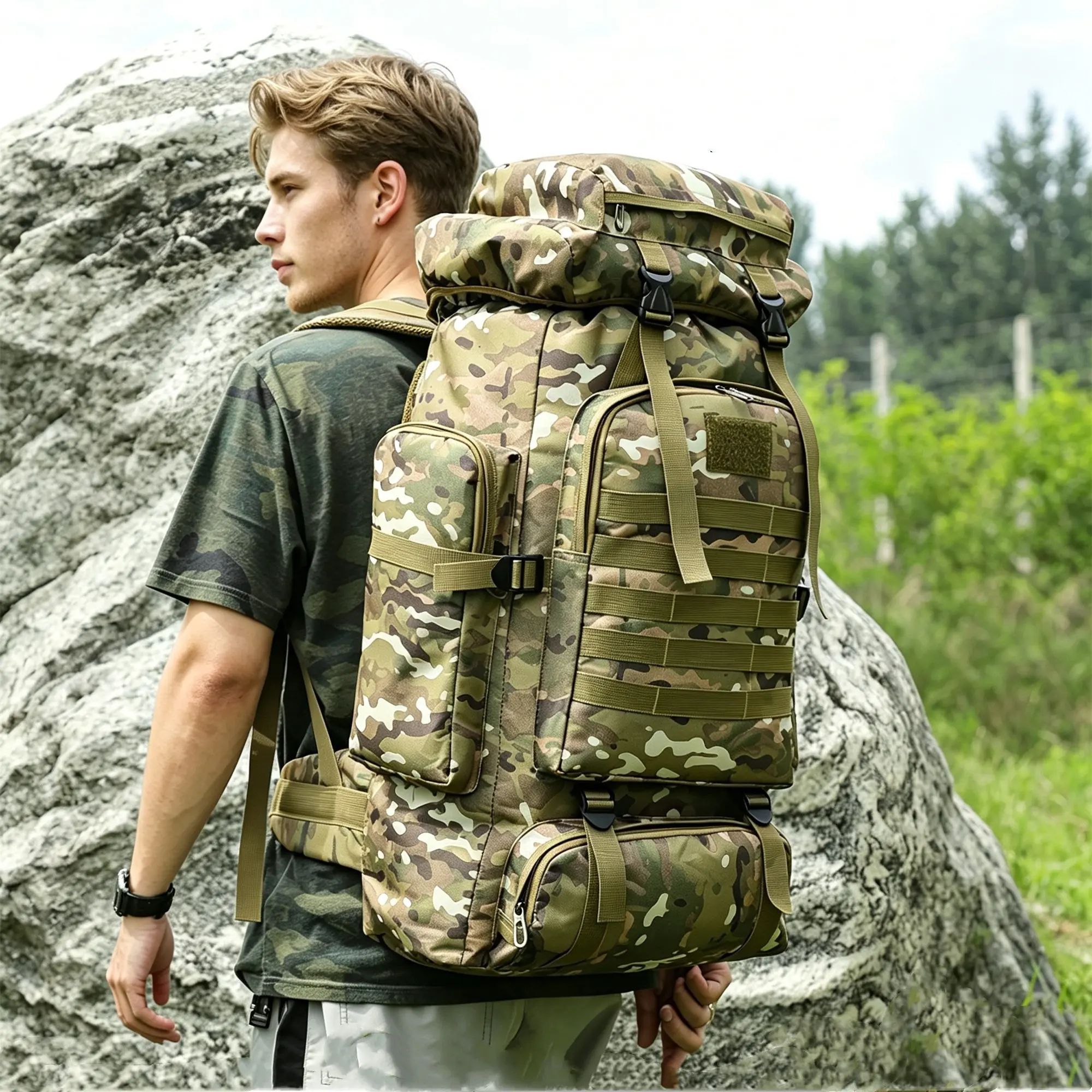 80L Oxford Outdoor Backpack, Camouflage Hiking Tactical Backpack, Men's Camping Travel Backpack, Mountain Climbing Bag, Outdoor Rucksack, Durable Outdoor Rucksack