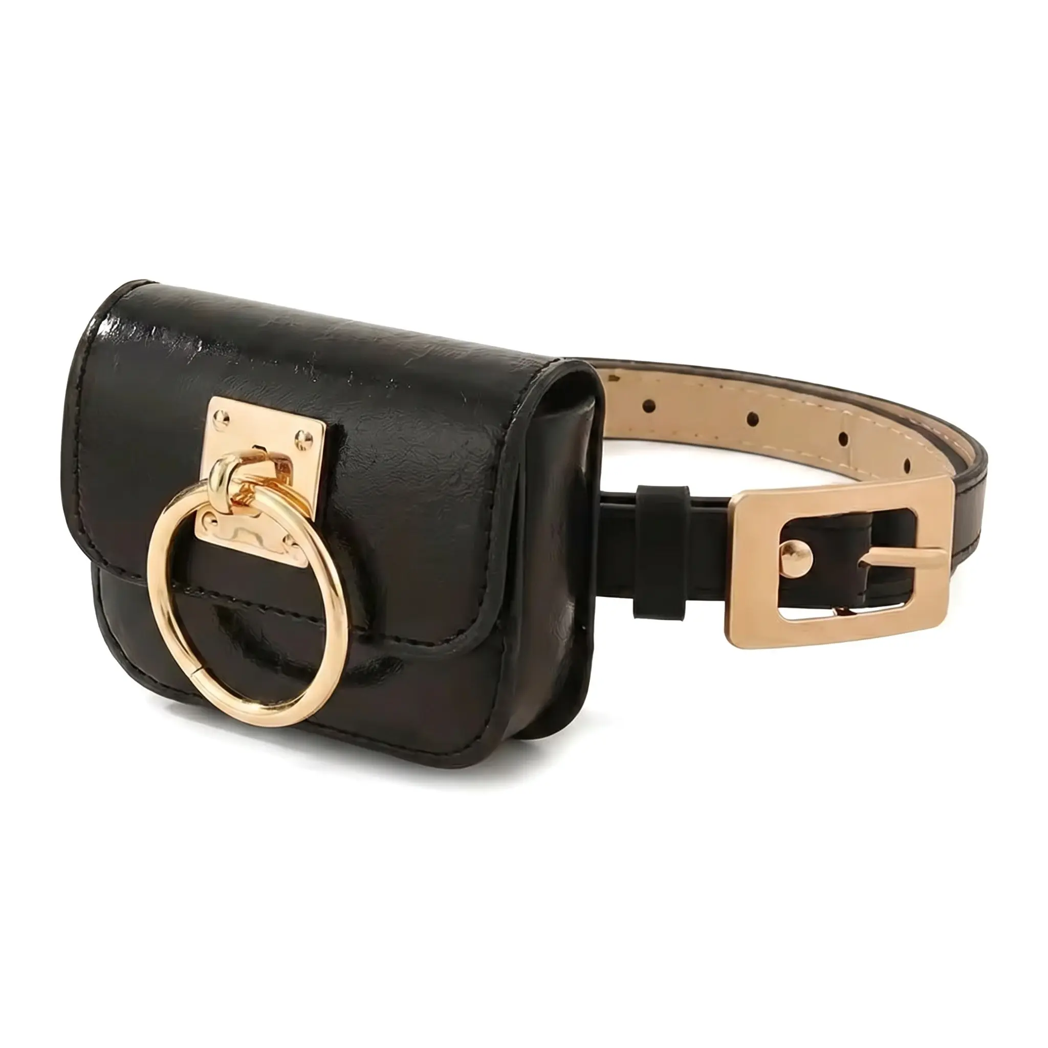 Women's Trendy Waxed PU Leather Belt Waist Bag - Mini Lipstick Bag, Flap Closure, Metal Decor, Medium Soft Daily Wear Essential Small Accessory