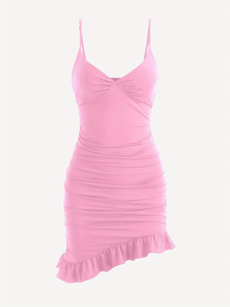 Women's Asymmetrical Ruffle Hem Ruched Cami Bodycon Dress, Summer Dresses, Casual Formal Womenswear, Sleeveless Adjustable Strap Spaghetti Strap Mini Sundress for Party Holiday, Ladies Clothes, Slim Fit Polyester Womenswear, Date Night Dresses
