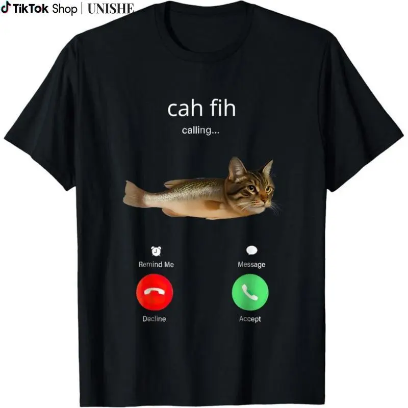 Women's Graphic T-Shirt with 'Cah Fih Calling' Print, Casual Cotton Round Neck Shortsleeve Top with Seamless Design, Tops, Unisex, Unisex Cut