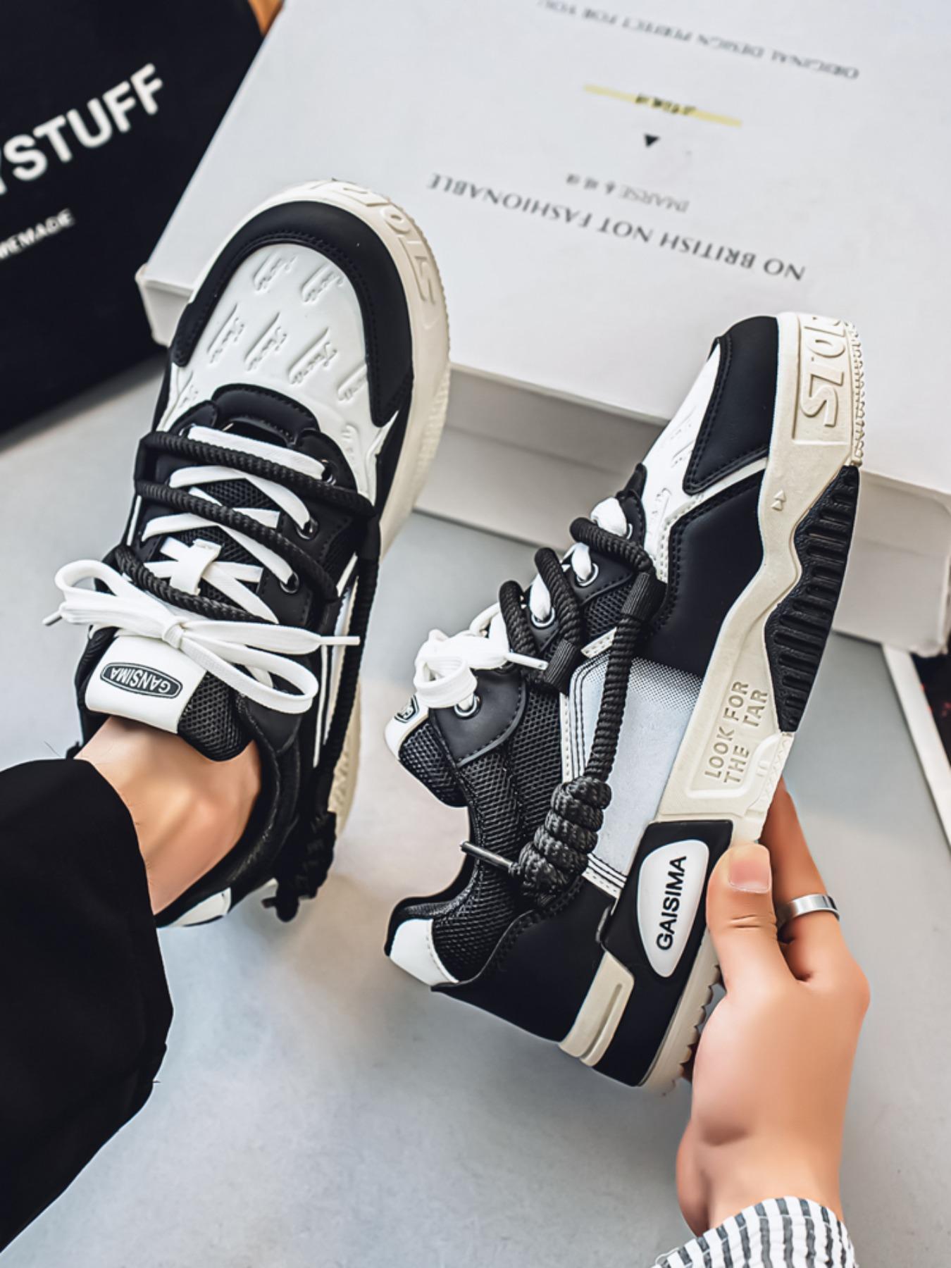 Men's Sporty Lace-Up Thick Sole Sneakers, Breathable Comfortable PU Leather Shoes, All-Season Outdoor Skateboarding Footwear