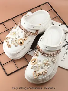 14pcs Fashionable Rhinestone & Letter Decorated Shoes Decorations, Chain & Bowknot Design Shoes Charm Rhinestone Shoes Charms For Vented Clogs Decoration, Bling Shoe Charms, Shoe Embellishment Set
