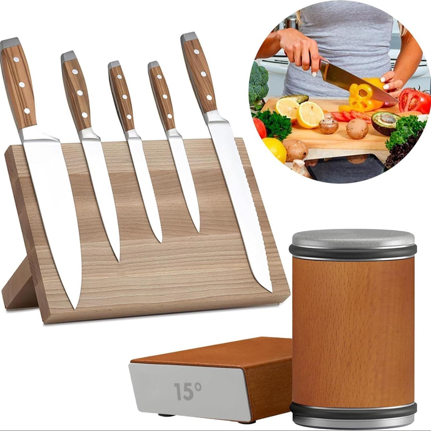 Manual Knife Sharpener, 1 Set  Wooden Knife Sharpening Stone with Two Grinding Angles Of 15° and 20°, Knife Sharpening Tool for Home Kitchen, Kitchen Accessories