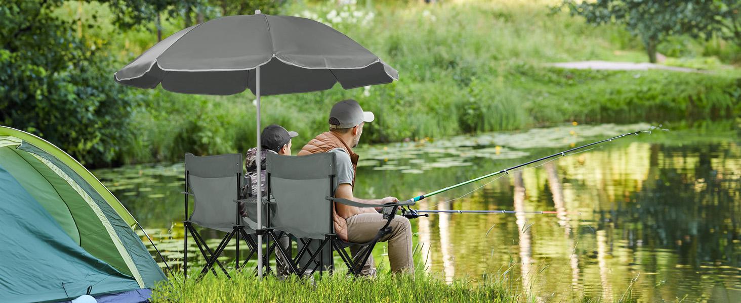 Outvita Folding Double Camping Chair w/Umbrella Beverage Holder Carrying Bag Cooler Fold Up Table, Large Bearing Capacity for Beach Patio Pool Park Outdoor Gray