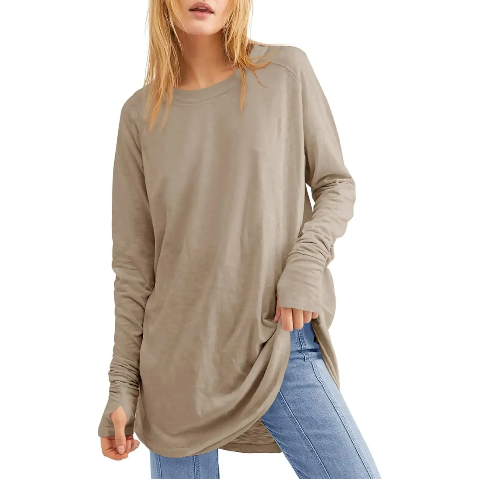 Tankaneo Women's Crew Neck Long Sleeve Loose-Fit Medium Length Tunic Tops with Thumb Holes, Machine Washable, Streetwear for Fall, Spring