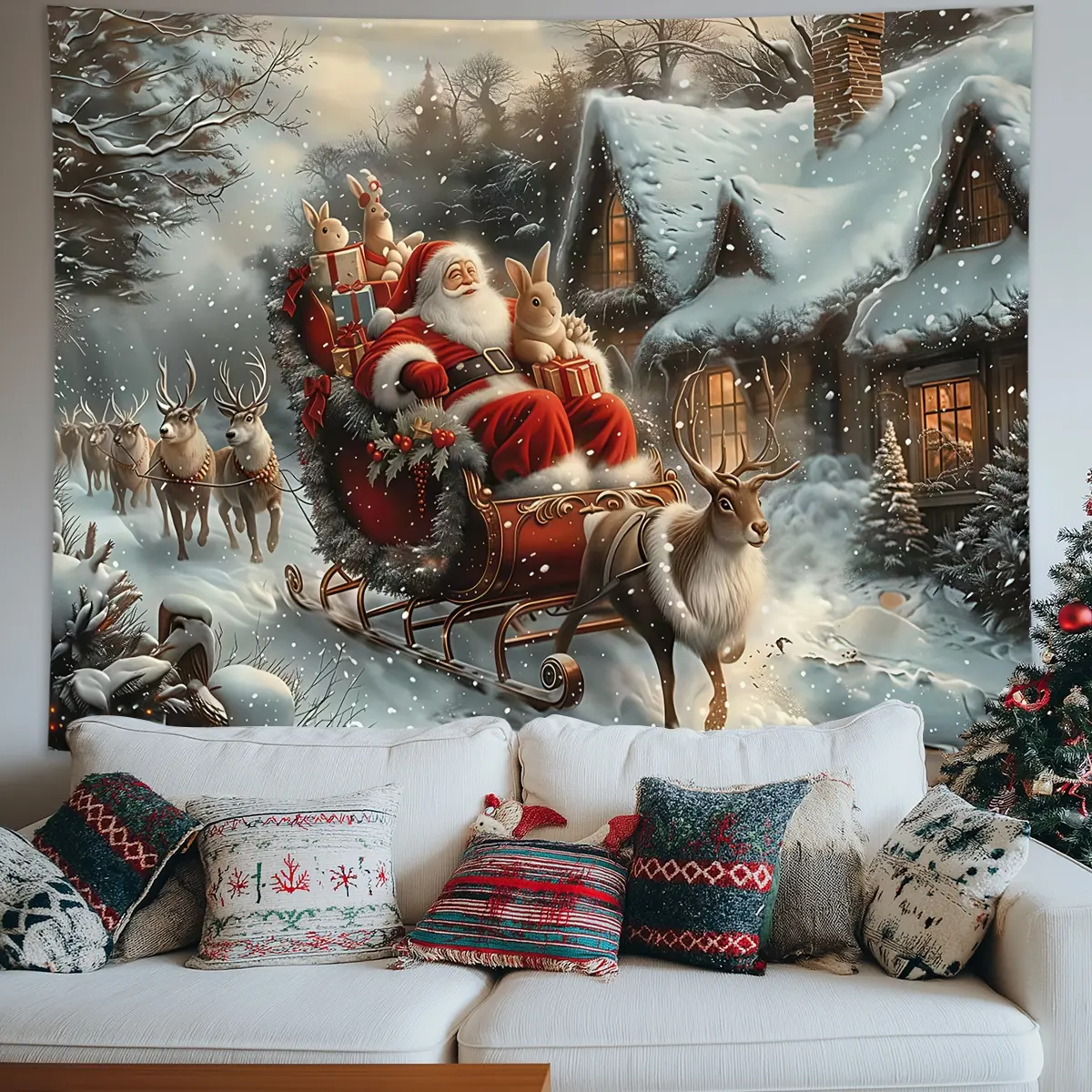 1pc Christmas Snow Scene Tapestry, Christmas Party Event Decoration Background Tapestry, New Year Photography Background Tapestry, Suitable for Family Party Decoration, Room Decoration, Living Room Aesthetic Wall Hanging