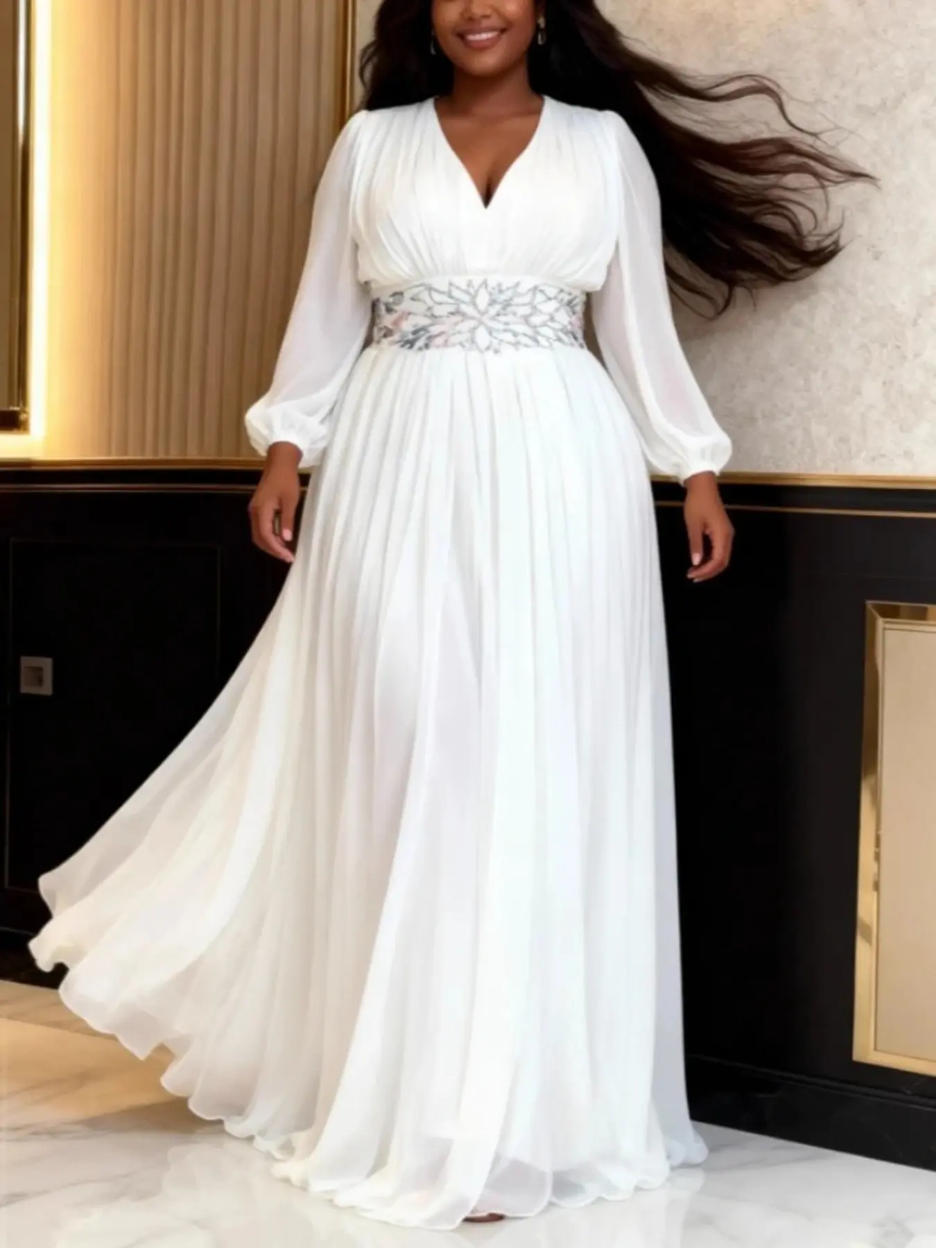 Plus Size Women Elegant Chiffon A Line Long Dress V Neck Puff Sleeves Embellished Waistband Formal Wear Party Church Graduation Weddings Guest Outfit