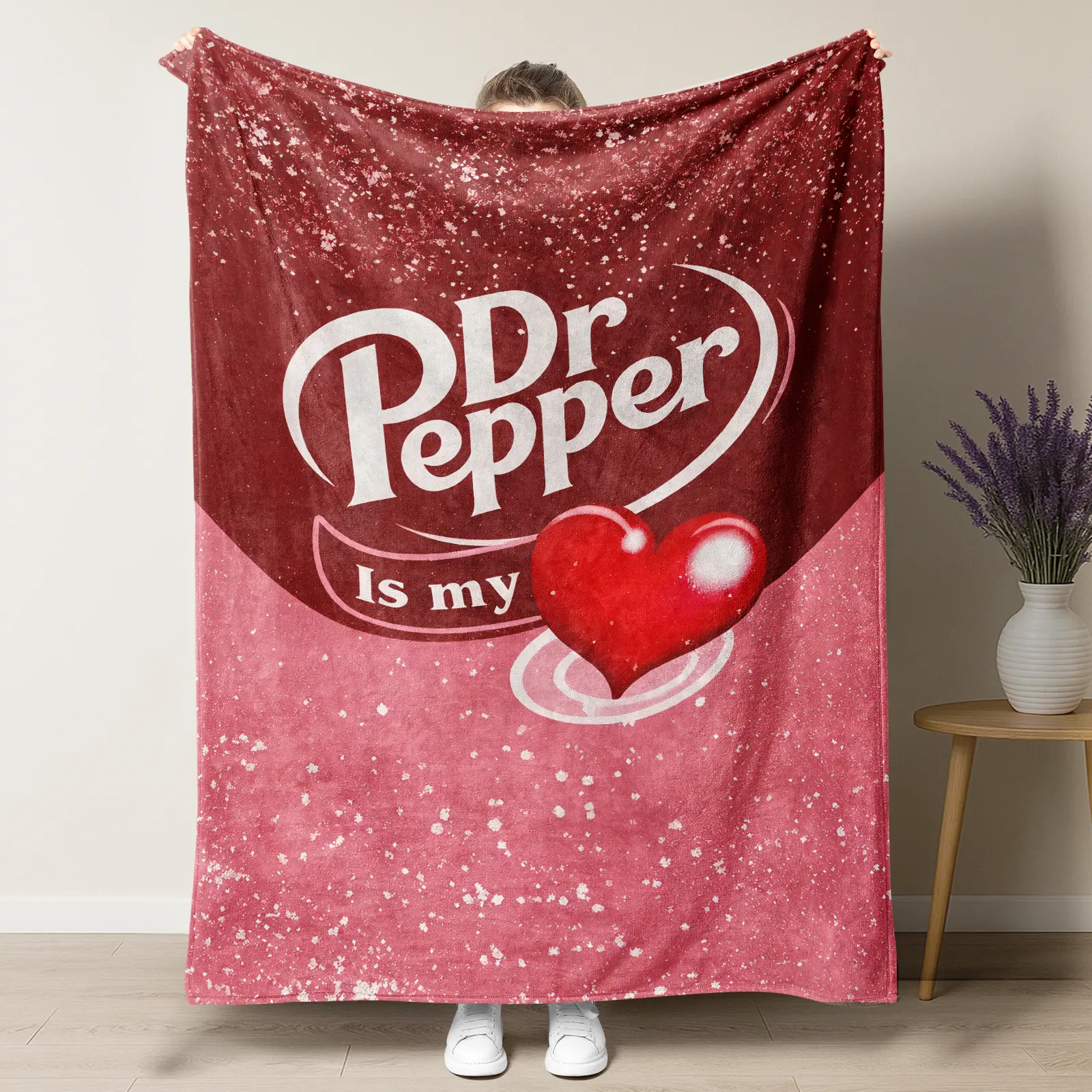 Red Pink Glitter Dr Pepper Fleece Throw Blanket, Dr Pepper Is My Love Heart Gradient Splatter Print Soft Cozy Fluffy Blanket, Warm Sofa Bed Dorm Blanket Gift For Dr Pepper Soda Fans Teen Girls