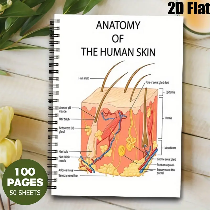 1pc Human Skin Anatomy Spiral Notebook, 5.7x8.26 inch, High-Quality Lined Pages, Durable Binding, Medical School Study Notes, Biology Class Supplies, Christmas Gift for Students, Doctors, Anatomy Enthusiasts [2D] Flat