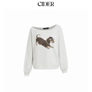 Cider Terry Asymmetrical Neck Dog Graphic Sweatshirt Dealsforyou