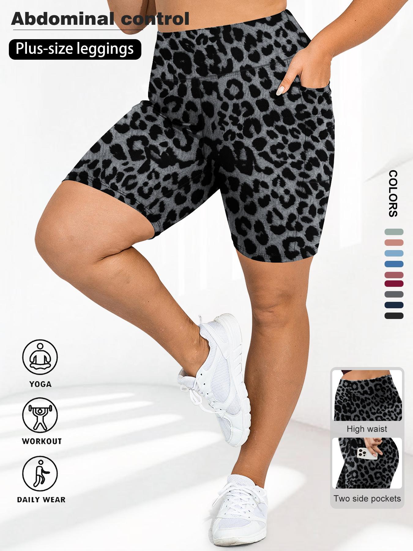 【Plus Size】 Plain / Leopard Print Pocket Design Skinny Short Leggings, Casual Comfy Breathable High Waist Short Leggings for Daily Wear, Women's Bottoms for Summer, Womenswear, Bodycon Shorts, Athletic Yoga Shorts