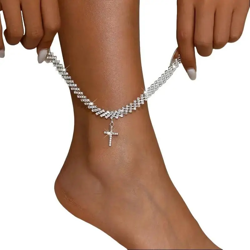 Women's Rhinestone Cross Anklet, Elegant Stainless Steel Ankle Jewelry for Casual Outings, Adjustable Bracelet Perfect for a Date Night or Birthday Gift, Valentine, Female, Shiny, Beach Party