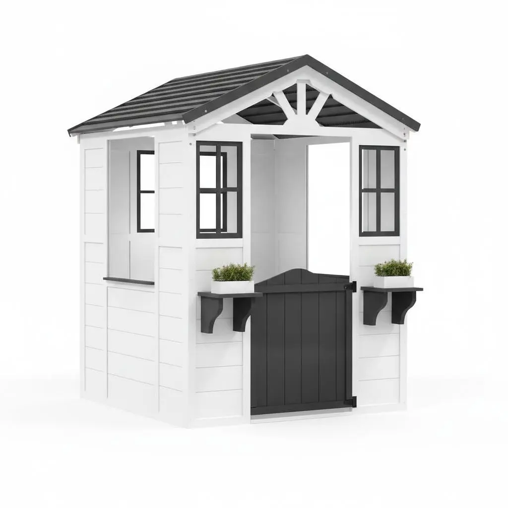 Wooden Playhouse with Kitchen, Outdoor Cedar Cottage, White Pre-cut Fir Wood, Pretend Play Kitchen, Wide Windows, ASTM Certified, 3-12 Years Old, Indoor Outdoor Use