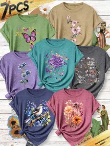7Pcs Women Tee,Circle Thin Bloom,Warm Tone Bouquet,Single Blue Flower,Purple Rose&Butterfly,Pink Butterfly Group,Bird Floral Branch Prints,Multi-color, Washable,Soft Spring&Summer Daily Top