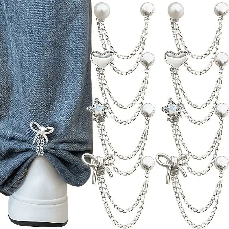 4/8psc Multi-Functional Clothing Clips, Ideal for Hemming, Metal Star, Heart, Bow Shirt, Pants, Cute Decorations, Jeans Leg Button Chain Clip