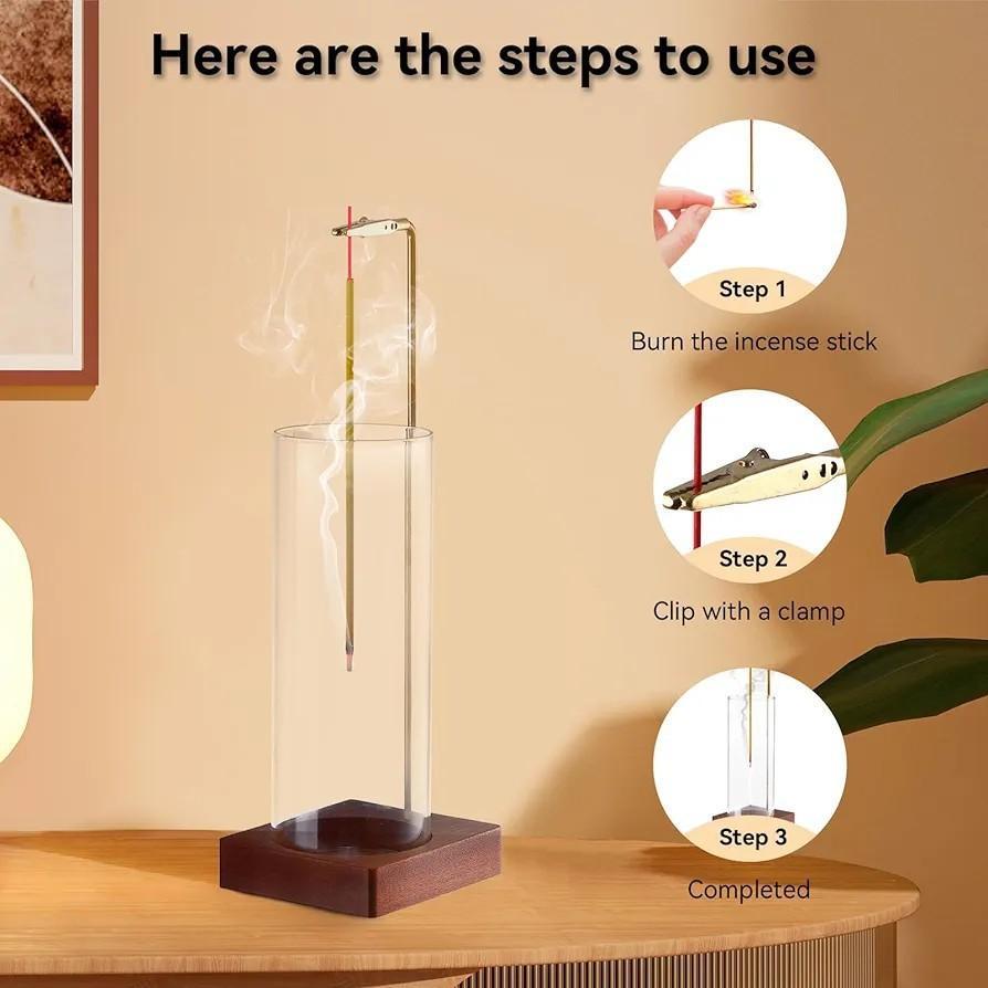 Clear Glass Incense Holder without Incense, Wooden Base, Home Fragrance Decor, Desktop Ash Catcher Incense Burner, Home Décor Aroma for Meditation, Yoga & Relaxation