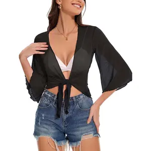 Short Cardigan Bolero Shrug Sheer Tie Front Top 3/4 Sleeve Jacket for Dress