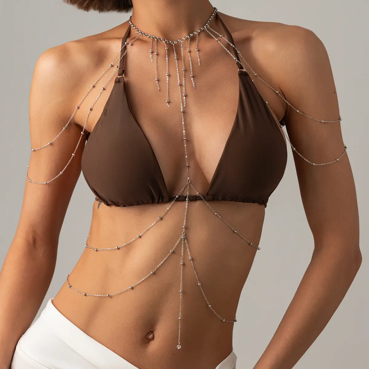 Viral Aesthetic Silver Tone Body Chain Jewelry Drape Necklace with Layered Waist Shoulder and Arm Chains Delicate Bead Accents for Beach Festival Party and Vacation Outfits