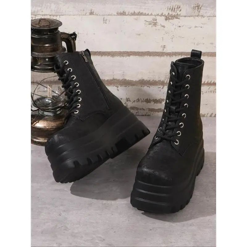 Valentine's Day Women's Square Toe Solid Color Lace Up Ankle Platform Boots Casual Comfortable All-match Trend Winter Shoes for Daily Wear