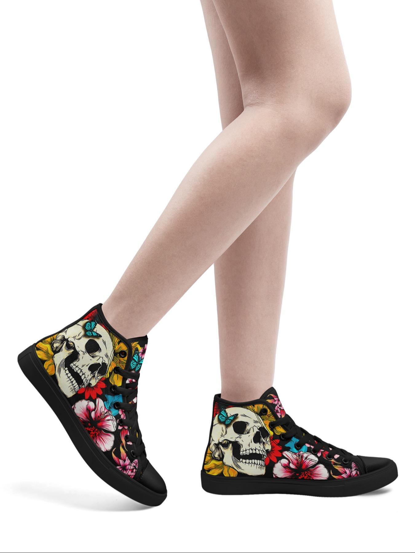 Women's Halloween Themed Lace Up Sneakers, Cartoon Ghost/Skull & Floral & Butterfly Print High Top Canvas Shoes, Casual Comfortable Lightweight Athletic Sports Shoes for Daily Wear
